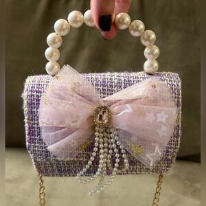 NEW Micro Mini Bag Lilac Purple Tweed & Lace Bow Pearl Top Handle Pastel Two-Way